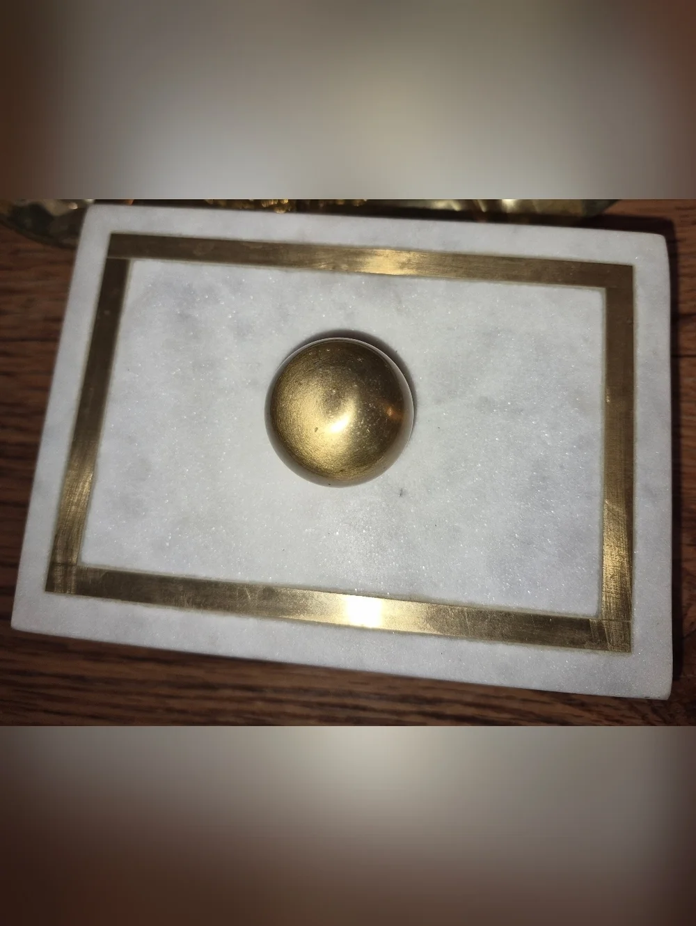 White Marble Trinket Box with Gold Accents and a ball-shaped handle